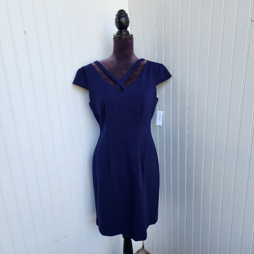 NWT Roz & Ali Dressbarn Womens Navy Blue Cap Sleeve Zip Stretch Sheath Dress 6P